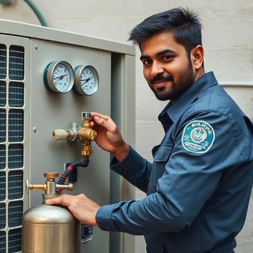 Technician refilling AC refrigerant gas with pressure gauges