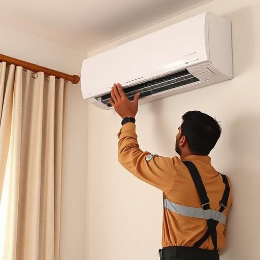 Technician installing a new split AC indoor unit on the wall