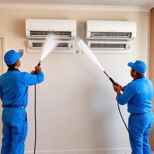 Technician servicing two split ACs in a Bengaluru apartment