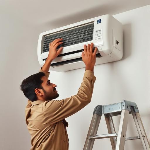 Technician carefully uninstalling a wall-mounted AC unit